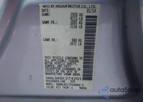 2014 Nissan Altima 2.5 S from USA, damaged, VIN 1N4AL3AP1EC274201
